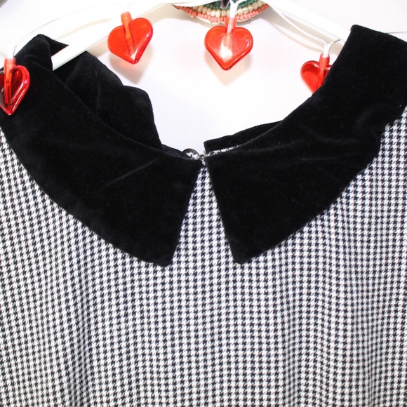vintage black & white hounds tooth plaid long sleeve dress velvet collar medium - Picture 5 of 8